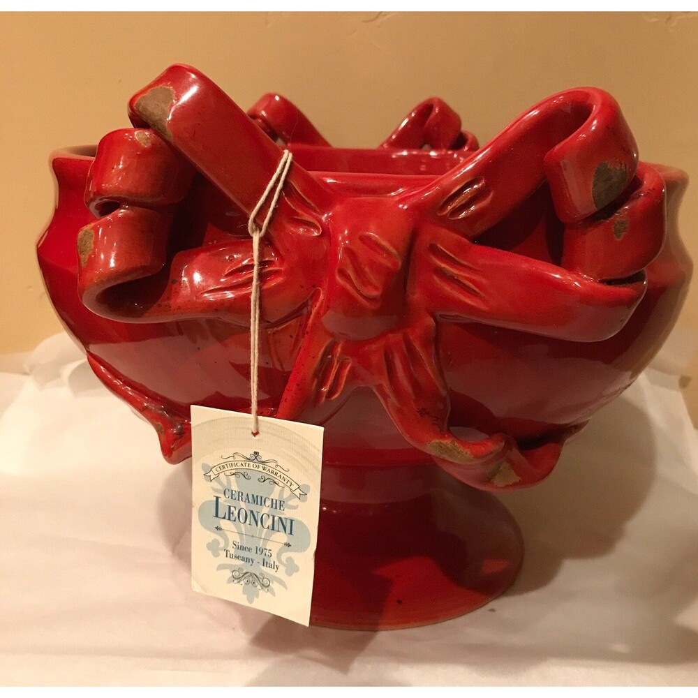 Leoncini Hand Painted Red Glazed Footed Bowl With Bow